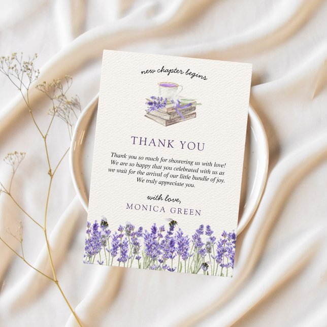 Neues Kapitel beginnt Bücher Lavender Girl Baby Du Dankeskarte (New chapter begins, stroybook, book inspired baby shower, lavender, bee, wildflowers)