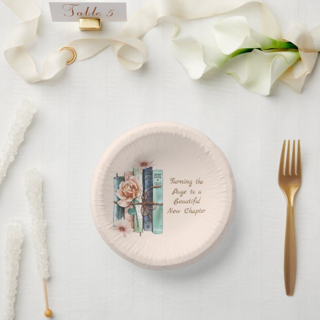 Neues Kapitel Beginnt Buchstapel Floral Pappteller (Hochzeit)