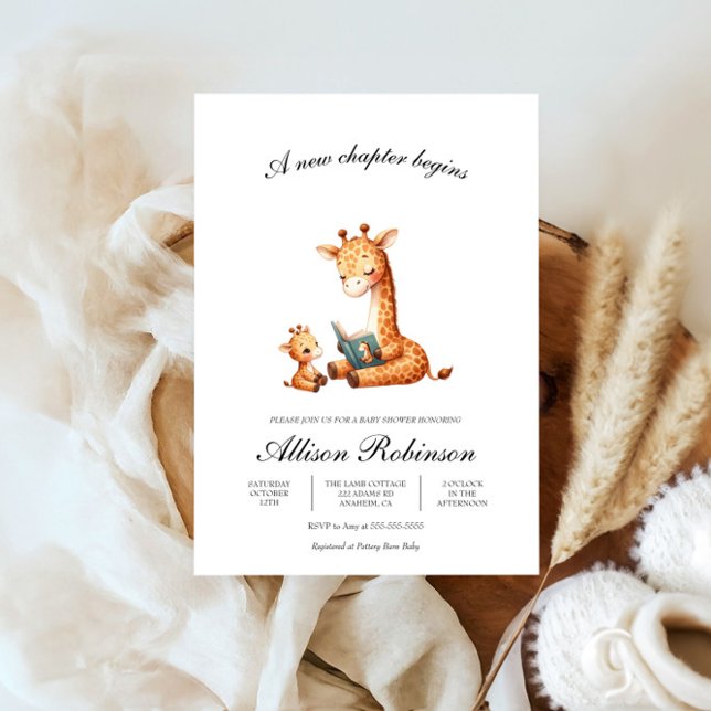 Neues Kapitel beginnt Buchthema Giraffe Babydusche Einladung (Von Creator hochgeladen)