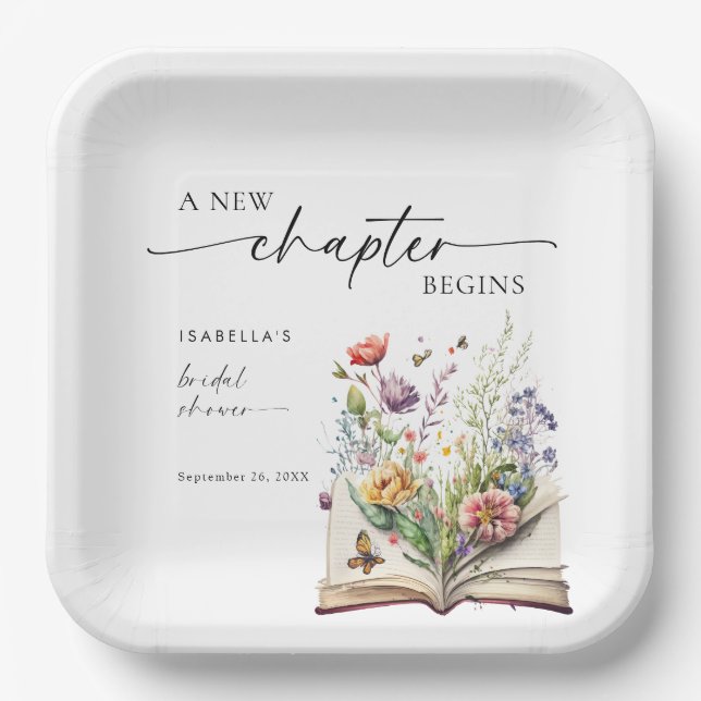 Neues Kapitel beginnt Florales Buch Junggesellinne Pappteller (Vorderseite)