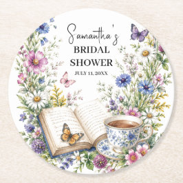 Neues Kapitel Buch Schmetterling Blumen Hochzeitsd Runder Pappuntersetzer