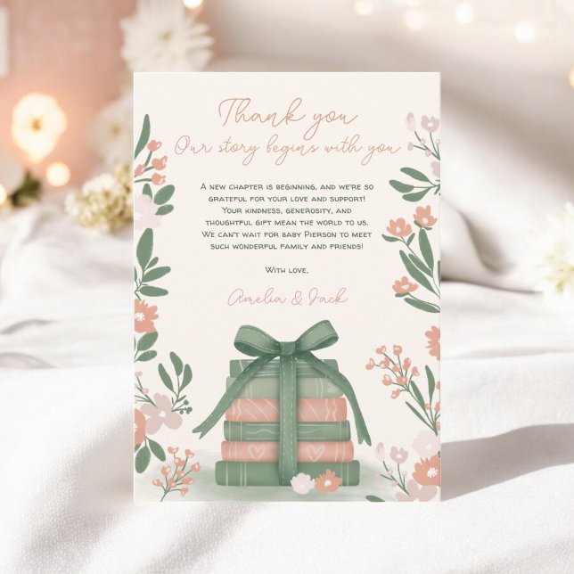 Neues Kapitel Bücher Whimsical Sage Green Baby Dus Dankeskarte (New Chapter Books Whimsical Sage green Baby Shower Thank You Card)