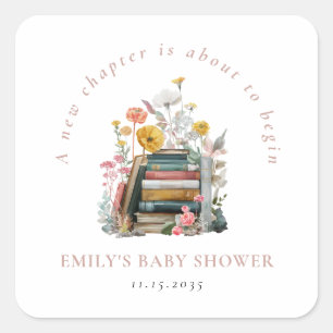 Neues Kapitel Florale Babyparty Quadratischer Aufkleber