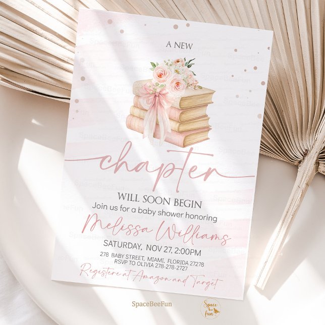 Neues Kapitel Rosa Wildblumen Kinderdusche Einladung (Sweet and elegant baby shower invitation featuring a pink bow, wildflowers, and book stack — perfect)