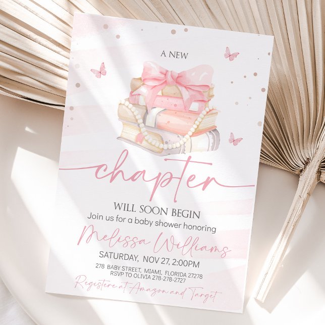Neues Kapitel Rosa Wildblumen Kinderdusche Einladung (A soft pink baby shower invitation with wildflowers, an elegant pink satin bow, and the phrase "A Ne)