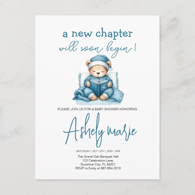 Neues Kapitel Teddy Blue Junge Babydusche Bär Postkarte (Vorderseite)