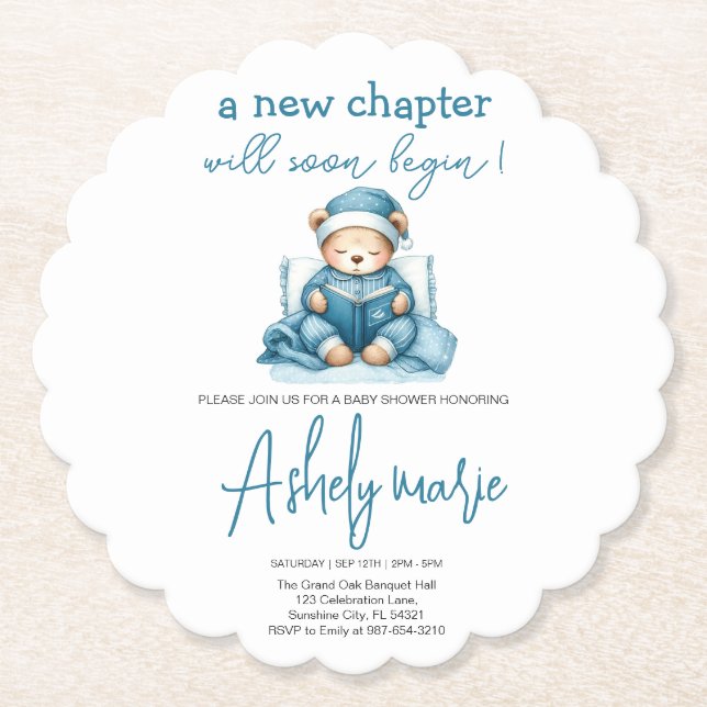 Neues Kapitel Teddy Blue Junge Babydusche Bär Untersetzer (Vorderseite)