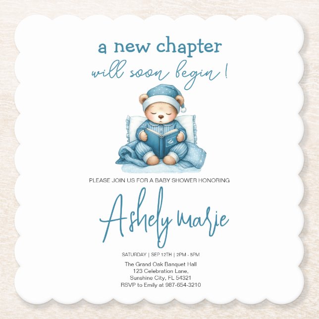 Neues Kapitel Teddy Blue Junge Babydusche Bär Untersetzer (Vorderseite)