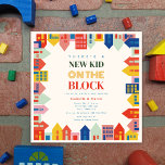 Neues Kind auf der Kinderdusche im Blockbereich Einladung<br><div class="desc">"Neues Kind auf dem Häuserblock" Babydusche mit farbenfrohen Häusern und Gebäude in kräftigen Farben mit Text in der Mitte.</div>