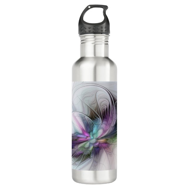 Neues Leben, buntes Abstraktes Fraktal Kunstfantas Edelstahlflasche (Vorderseite)
