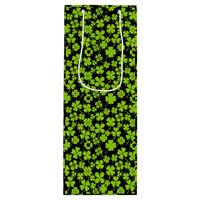 Neues Muster.Clover Blätter 01 Schwarze BG Geschenktüte Für Weinflaschen (Vorderseite)