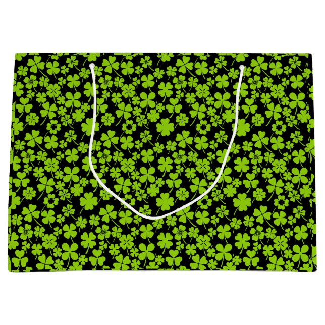 Neues Muster.Clover Blätter 01 Schwarze BG Große Geschenktüte (Vorderseite)