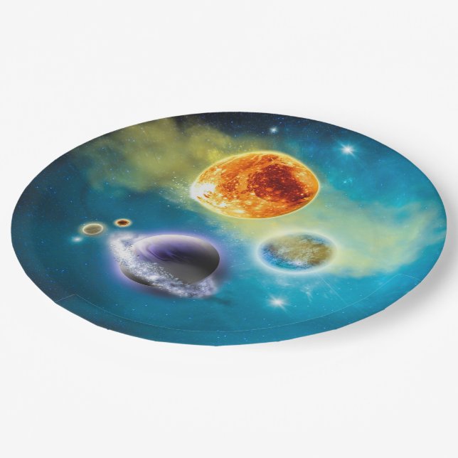 Neues Sonnensystem Pappteller (Schrägansicht)