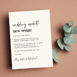 Neues Veranstaltungskalender Ankündigung<br><div class="desc">Minimal moderne helle Sahne-Heiratswechsel mit "Hochzeit Update new place" geschrieben in einer Mischung aus einer zeitgenössischen Drehbuch und fett angesagten typografie (Sie können dies auf "neues Datum", "kleinere Hochzeit", etc). Personalisieren Sie Ihre Planungs-Nachricht, fügen Sie Ihre Namen in einem signaturähnlichen Skript hinzu und fügen Sie Ihre Hochzeitwebsite auf der Rückseite...</div>