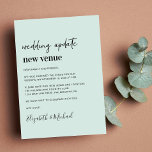 Neues Veranstaltungsminutenupdate Ankündigung<br><div class="desc">Minimal moderne helle mint grün Hochzeitswechsel der Veranstaltungsort Ankündigung. "wedding update new place" ist in einer Mischung aus zeitgenössischer Schrift und fett-trendiger Typografie geschrieben (Sie können dies in "new date", "small wedding" usw. ändern). Personalisieren Sie Ihre neue Veranstaltungsnachricht, fügen Sie Ihre Namen in ein signaturähnliches Skript ein und fügen Sie...</div>