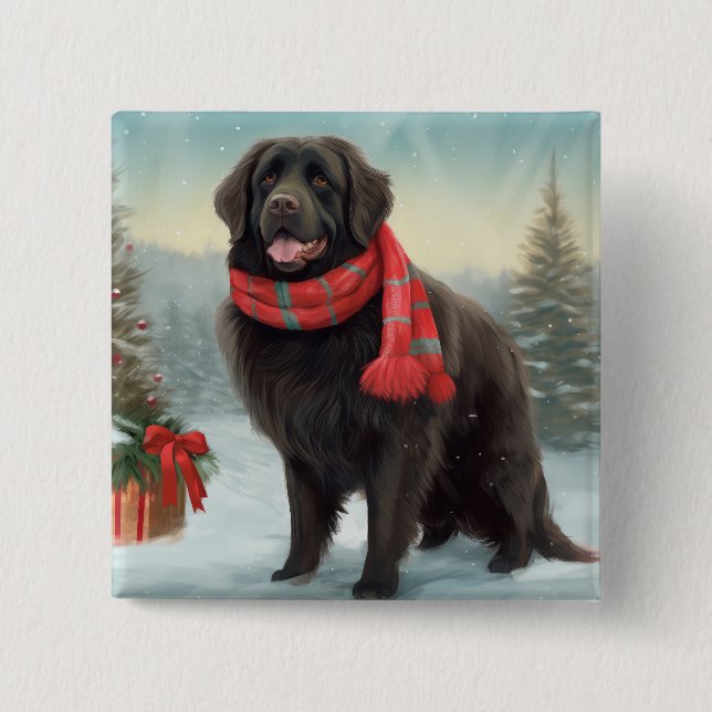 Neufundland Hund in Schnee Weihnachten Button (Vorderseite)