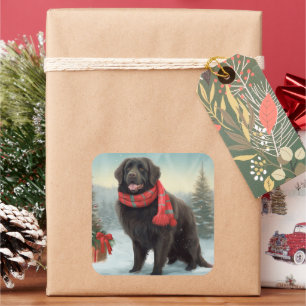 Neufundland Hund in Schnee Weihnachten Quadratischer Aufkleber