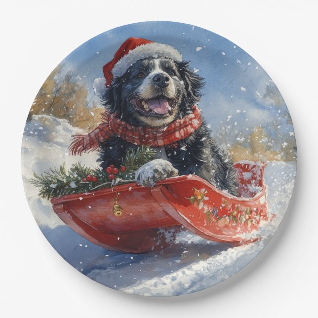 Neufundland Hund in Sledge Let it Snow Christmas Pappteller (Vorderseite)