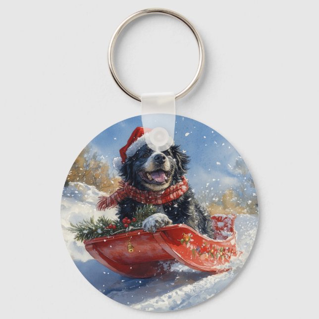 Neufundland Hund in Sledge Let it Snow Christmas Schlüsselanhänger (Vorderseite)