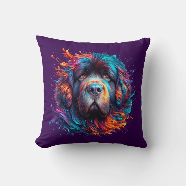 Neufundland Hund Lila Paint Spritzer Pillow Kissen (Vorderseite)