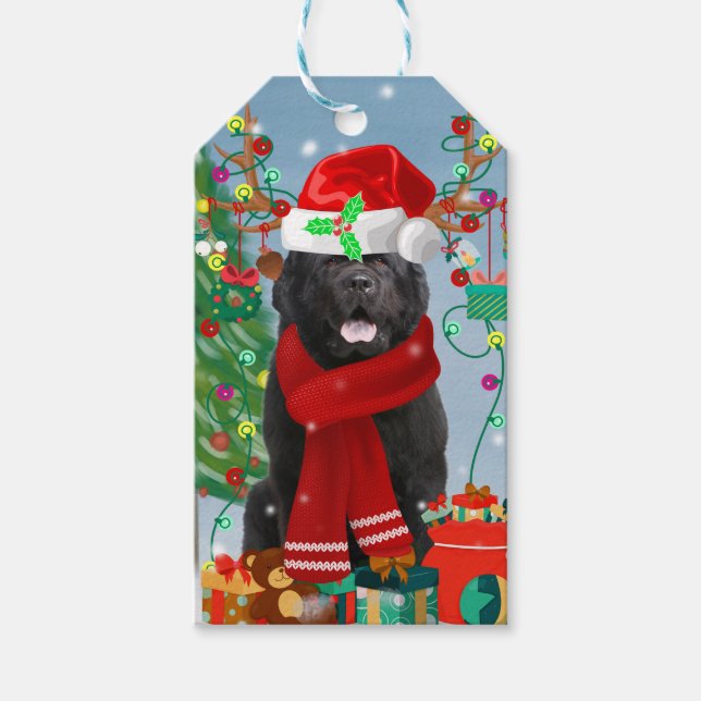 Neufundland Hund mit Weihnachtsgeschenken Geschenkanhänger (Vorderseite)
