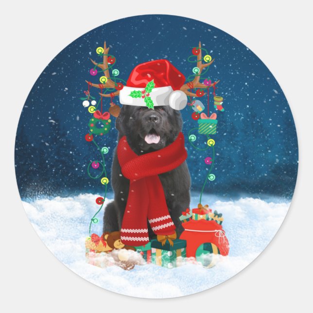 Neufundland Hund mit Weihnachtsgeschenken Runder Aufkleber (Vorderseite)