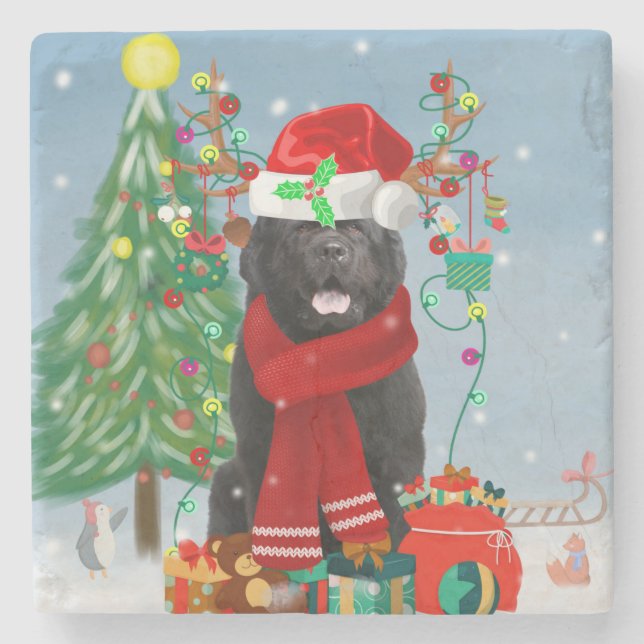 Neufundland Hund mit Weihnachtsgeschenken Steinuntersetzer (Vorderseite)