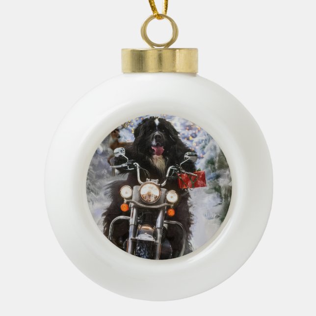 Neufundland Hunde reiten Motorrad Weihnachten Keramik Kugel-Ornament (Vorderseite)