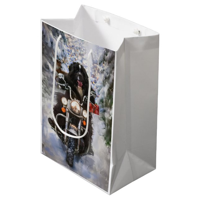 Neufundland Hunde reiten Motorrad Weihnachten Mittlere Geschenktüte (Vorderseite Schrägansicht)