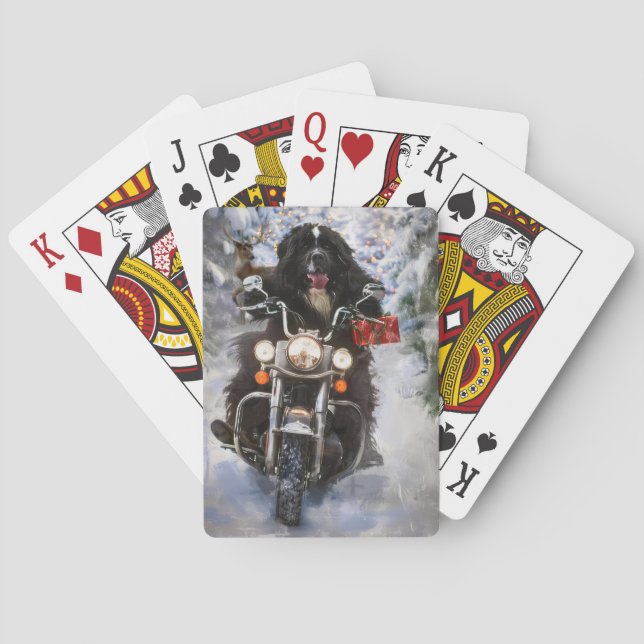 Neufundland Hunde reiten Motorrad Weihnachten Spielkarten (Rückseite)
