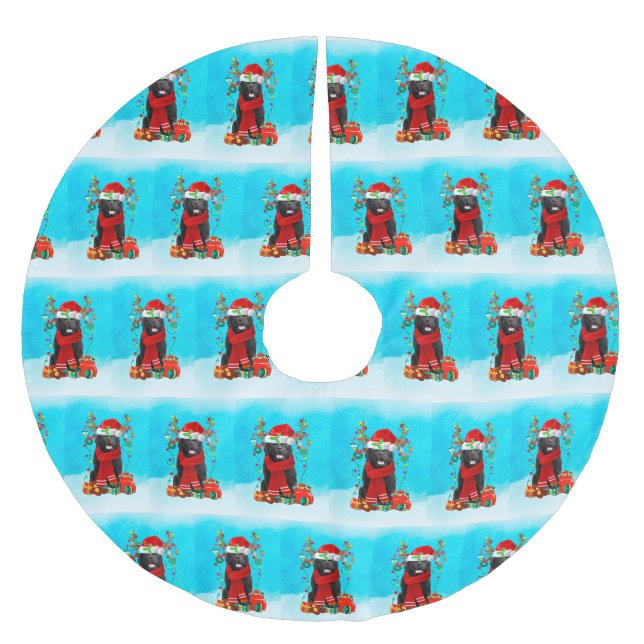 Neufundland im Schnee mit Weihnachtsgeschenken Polyester Weihnachtsbaumdecke (Vorderseite)
