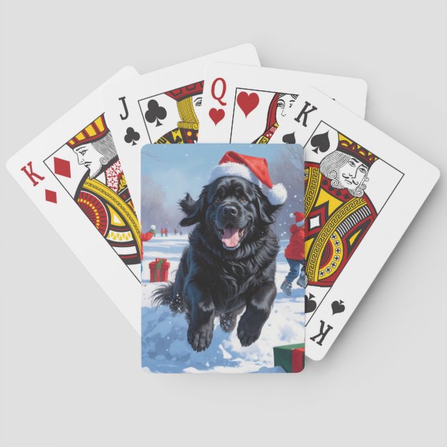 Neufundland läuft im Schnee mit Weihnachtshut Spielkarten (Rückseite)