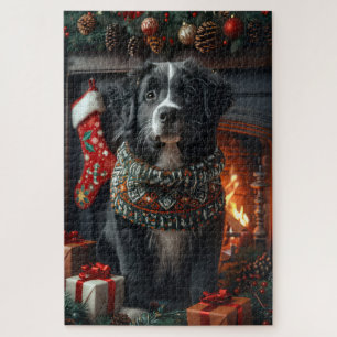 Neufundländer-Hund mit Weihnachtsgeschenken Kamin