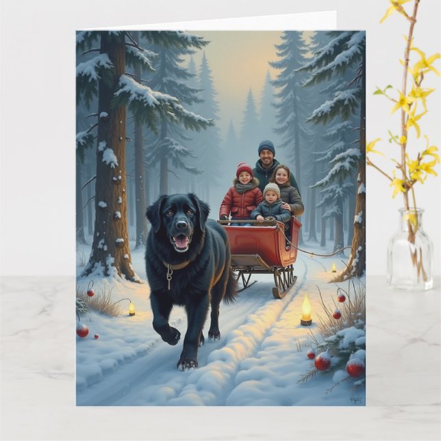 Neufundländer Hund Schlittenfahrt Weihnachten Karte (Gelbe Blume)