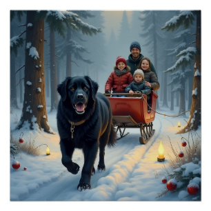 Neufundländer Hund Schnee Schlittenfahrt Weihnacht Poster