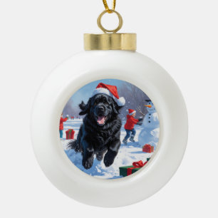 Neufundländer läuft im Schnee mit Weihnachtsmütze Keramik Kugel-Ornament