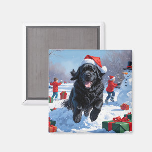 Neufundländer läuft im Schnee mit Weihnachtsmütze Magnet