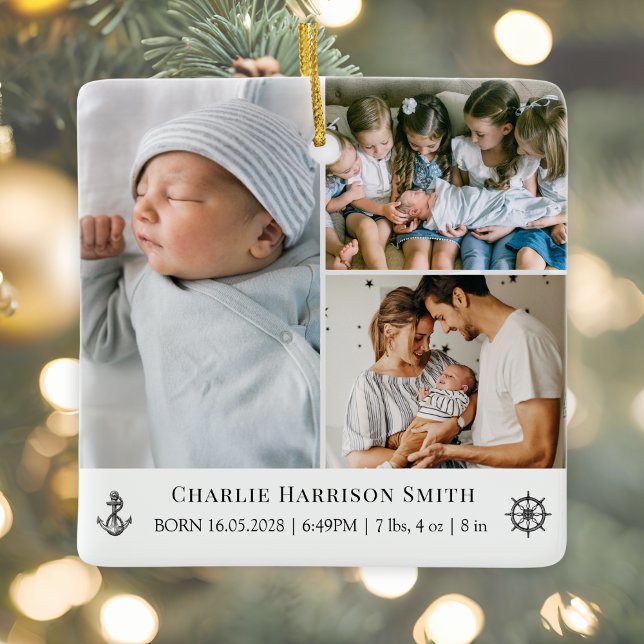 Neugeborene Babys und Foto Keramikornament (Christmas Ornament with Newborn Baby Stats and three photos. Nautical ship wheel and anchor graphic)