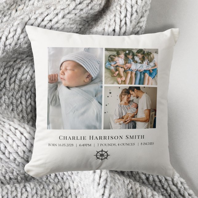 Neugeborene Babys und Foto Kissen (Newborn Baby Stats and Photo Collage Throw Pillow with nautical ship wheel graphic)