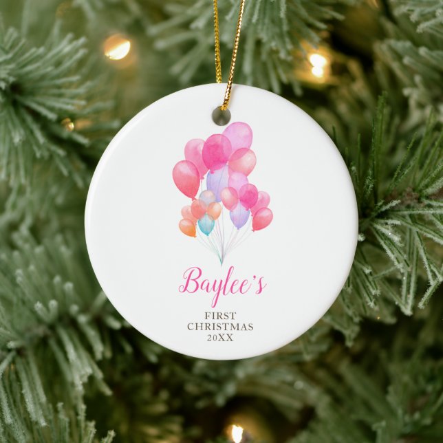 Neugeborene Mädchen Personalisierte Aquarellballon Keramik Ornament (Baum)
