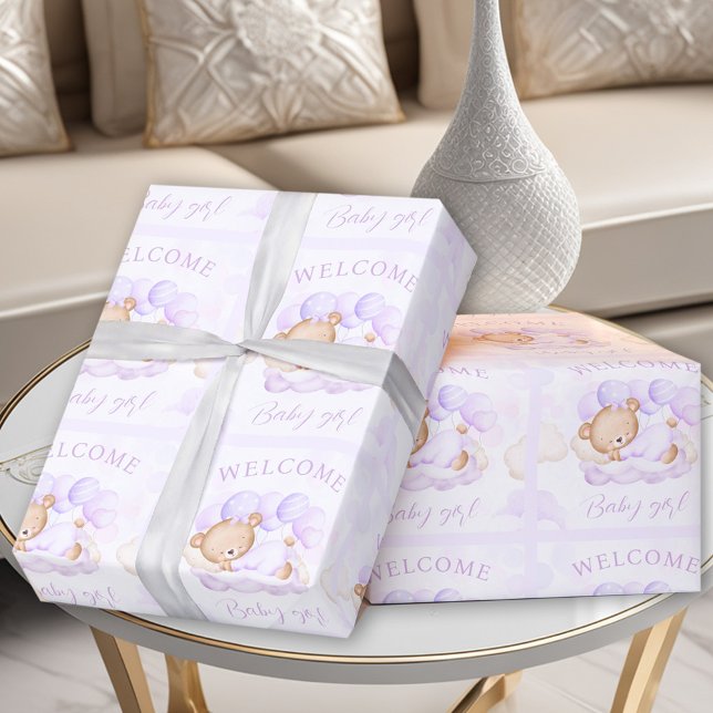 Neugeborenenmädchen Lila Lavendelbär Geschenkpapier (Newborn Baby Girl Name Purple Lavender Bear Wrapping Paper)