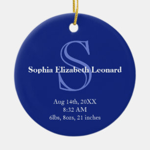 Neugeborenenstatistik-Monogramm-Keepsake blau Keramikornament