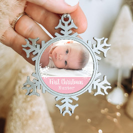 Neugeborenes 1. Weihnachtsfest Foto Rosa Schneeflo Schneeflocken Zinn-Ornament