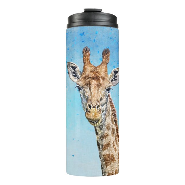 Neugierige Giraffe mit Blue Confetti Sky Thermosbecher (Vorderseite)