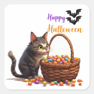 Neugierige Halloween-Katze mit Kürbis-Süßigkeiten- Quadratischer Aufkleber