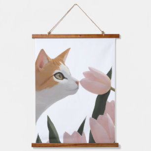 Neugierige Katze Frühlingsblumen Wandteppich Mit Holzrahmen