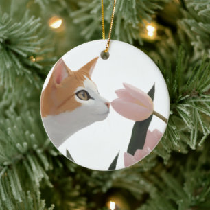 Neugierige Katze Frühlingsflor Keramik Ornament