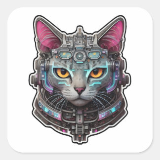 Neugierige Katze in einem Cyber-Helm Quadratischer Aufkleber