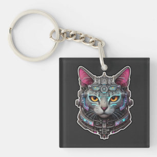 Neugierige Katze in einem Cyber-Helm Schlüsselanhänger