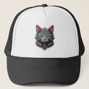 Neugierige Katze in einem Cyber-Helm Truckerkappe